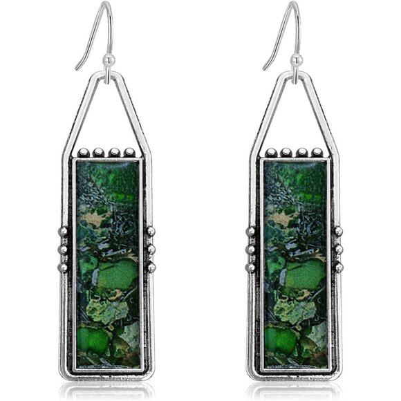Green Handmade Bohemian Tribal Retro Colorful Square Bar Dangle Drop Earrings - Picture 1 of 6